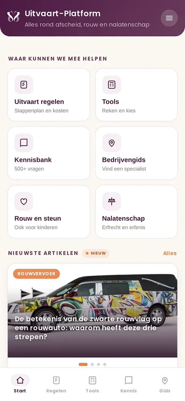 Het startscherm van de app van Uitvaart-Platform.nl