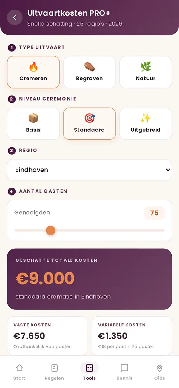 Uitvaartkosten PRO+ in de app: kies type uitvaart, niveau, regio en aantal gasten
