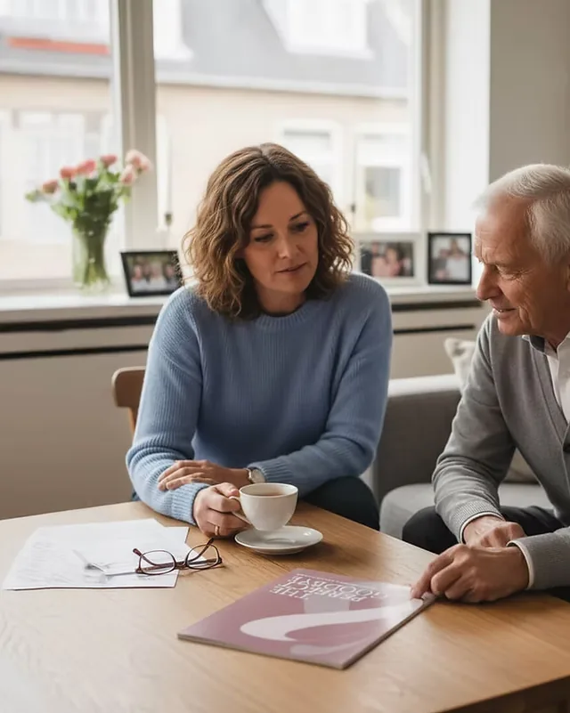 Een vrouw en haar vader praten aan tafel, The Perfect Goodbye ligt tussen hen in