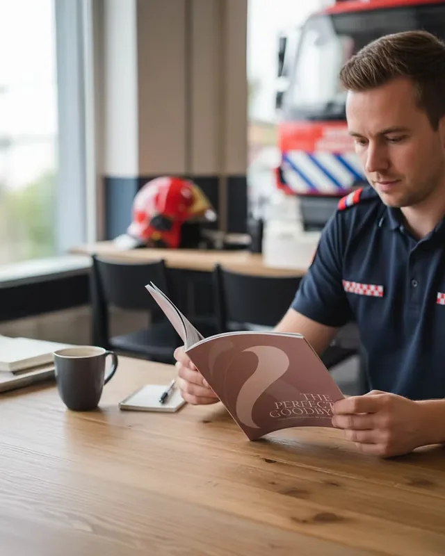 Een brandweerman leest in The Perfect Goodbye