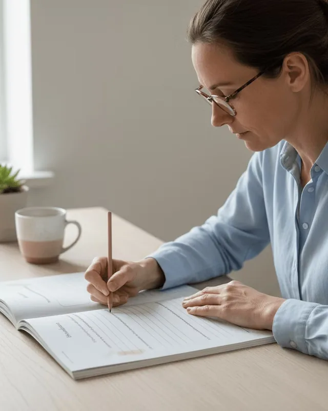 Een vrouw vult met potlood The Perfect Goodbye in aan een rustige tafel