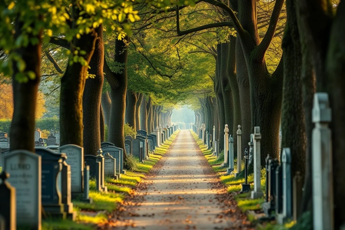 een begraafplaats met wilde zwijnen in de achtergrond, grafstenen en graven zijn zichtbaar