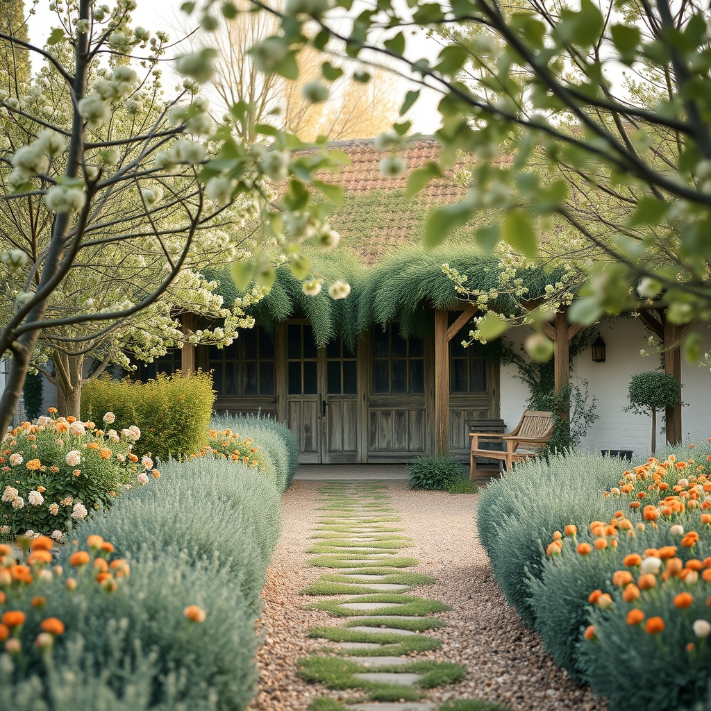 een kerkhof met bomen en bloemen