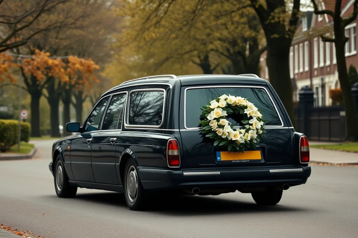 een donkere weg met een rouwauto in de verte